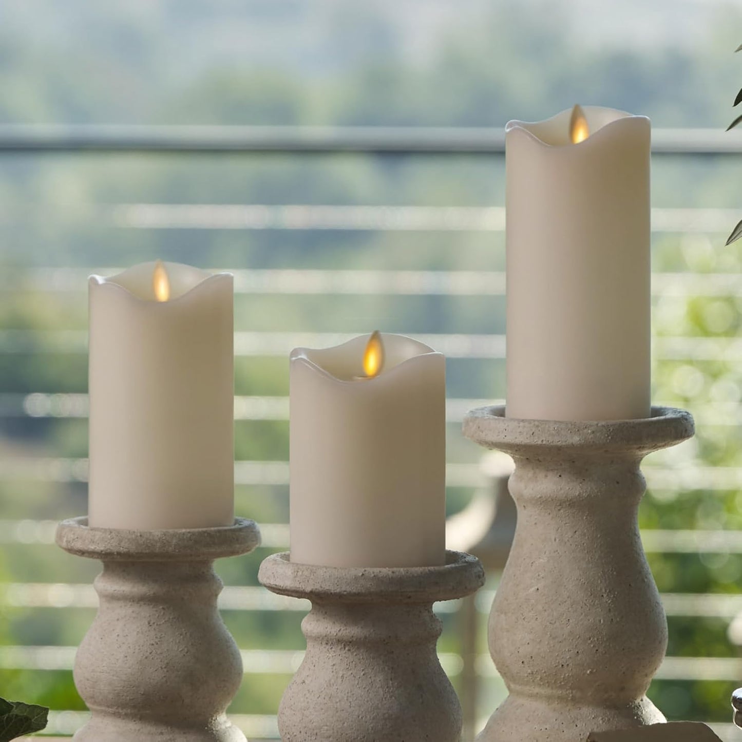 Matchless Candle Co. by Luminara Set of 3 Flameless LED Flickering Moving Flame Pillars (3" x 4.5", 5.5", 6.5"), Melted Unscented Real Wax Edge w/Smooth Finish, AA Battery Operated, Pearl Ivory