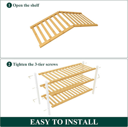 Smiry Bamboo Shoe Rack for Closet, 3 Tier Wooden Shoe Organizer, Stackable Wood Shoe Storage Shelf for Entryway, 14 Vertical Slats, One-piece Heavy-Duty Legs, 26.77"x11.02"x18.31", Natural