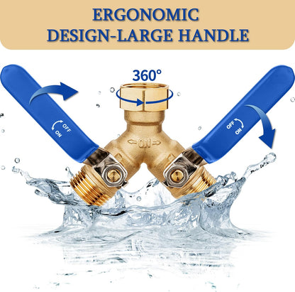 Garden Water Hose Splitter - RV Water Splitter 2 Way Heavy Duty Brass Spigot Hose Splitter - Outdoor Y Hose Bib 2 Valves with 2 Extra Rubber Washers for 3/4" Hose Connector (Blue)
