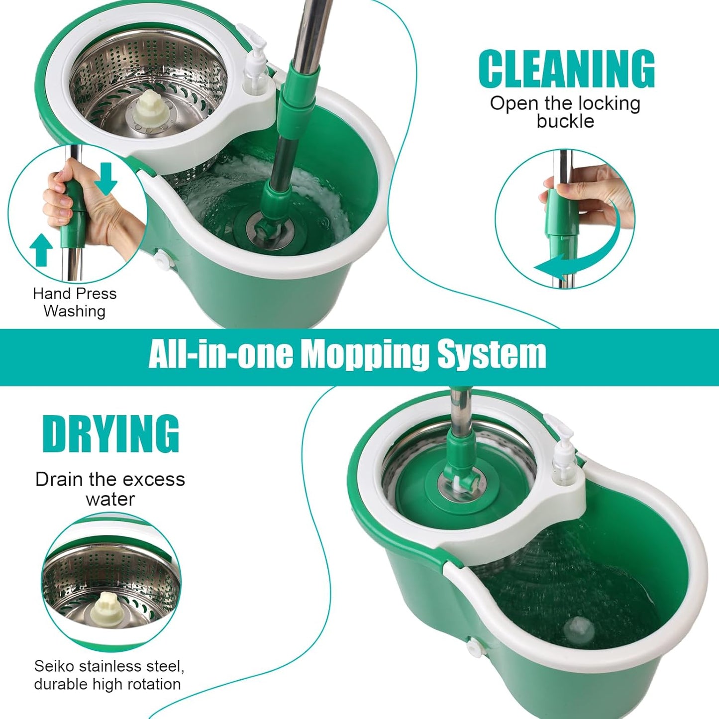 Spin Mop and Bucket with Wringer Set, 360° Spinning Mop Bucket System with 3 Microfiber Mop Replacement Heads and 50" Stainless Steel Adjustable Handle for Floor Cleaning