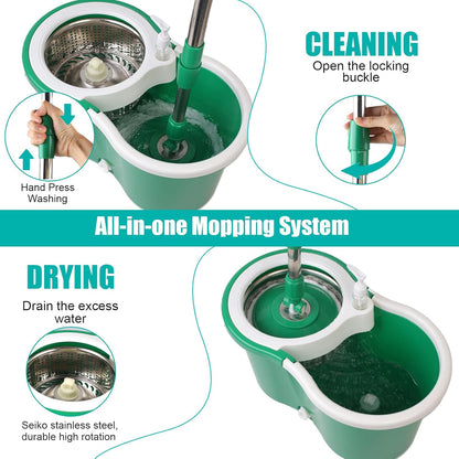 Spin Mop and Bucket with Wringer Set, 360° Spinning Mop Bucket System with 3 Microfiber Mop Replacement Heads and 50" Stainless Steel Adjustable Handle for Floor Cleaning
