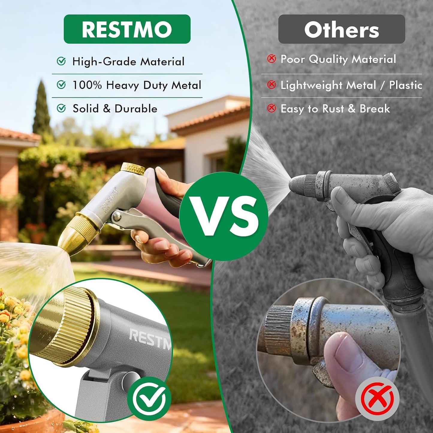 RESTMO Metal Water Hose Nozzle, Heavy Duty Garden Hose Sprayer for Outdoor | Adjustable Brass Spray Head, 4 Watering Patterns, Jet | Mist | Cone | Full, Leak-proof, Ideal for Lawn & Plant & Car, Green