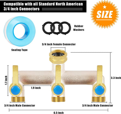Upgraded Brass Garden Hose Splitter, 3/4" Hose Splitter 2 Way Heavy Duty with Extension Handles, Outdoor Faucet Splitter Water Spigot Splitter with Individual On/Off Valve