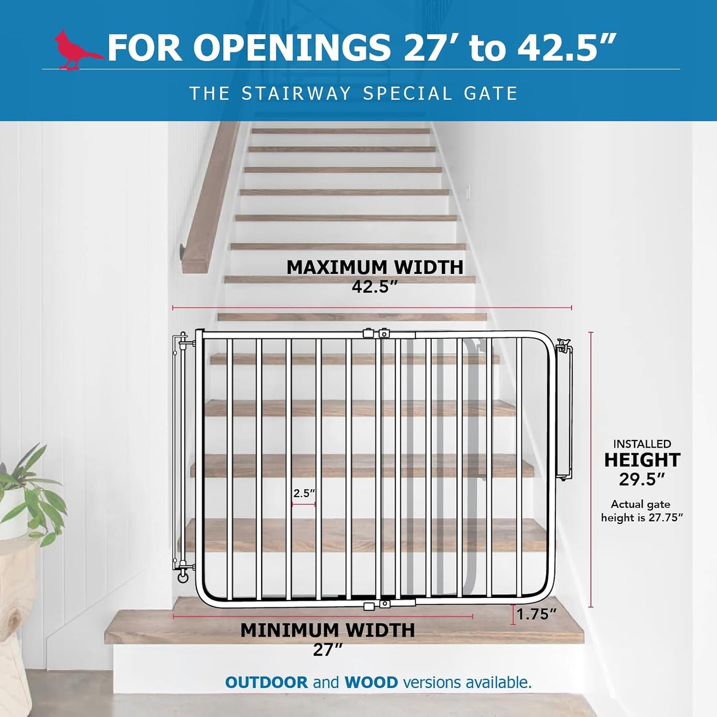 Cardinal Gates SS30 Stairway Special Baby Gate for Top of Stairs - Adjustable Indoor Dog Gate - Aluminum Metal Safety Gate for Kids & Pets - 27 to 42.5 Inches Wide - White