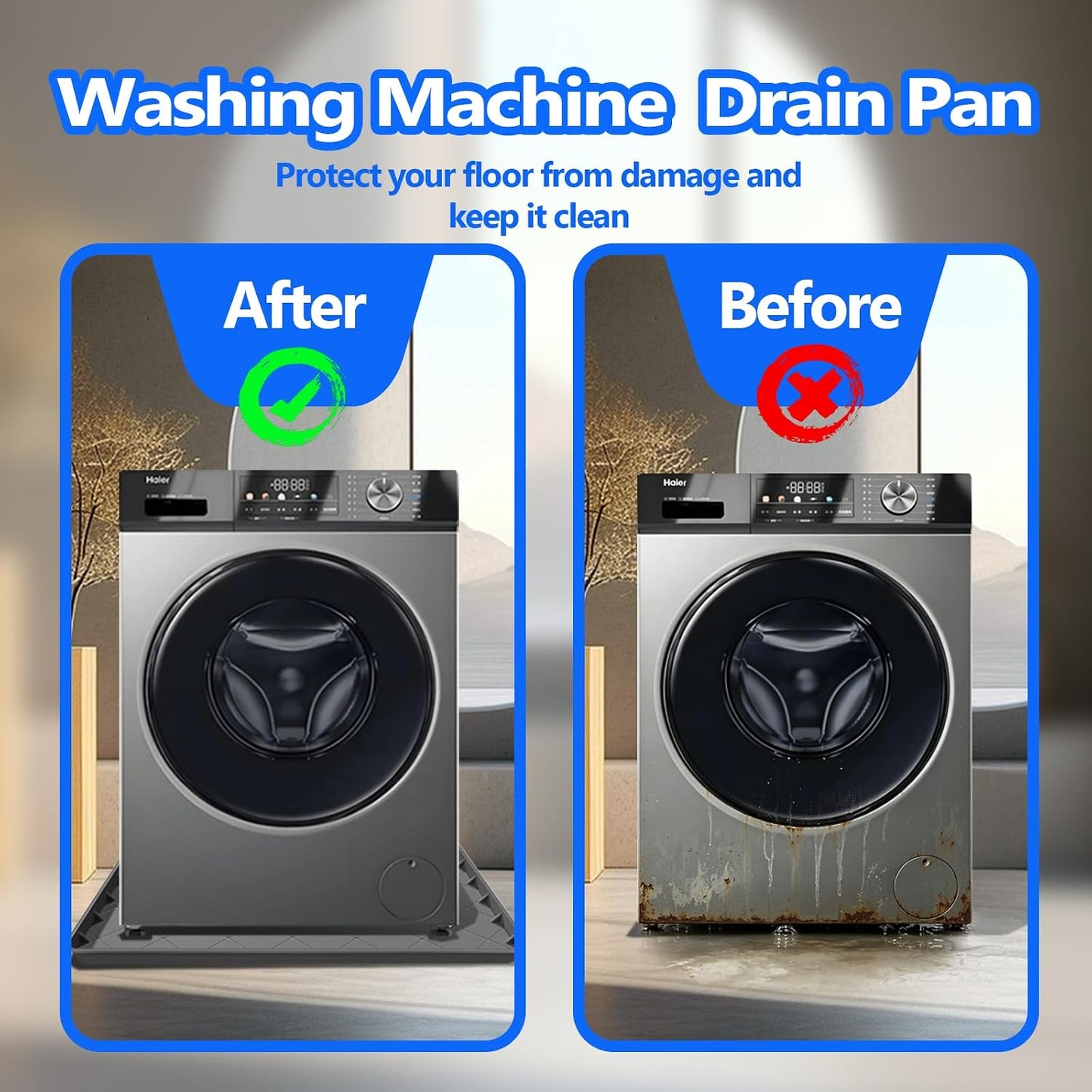 Washing Machine Drain Pan Silicone Mat, 32 x 30 Inch Non-Slip Waterproof Washing Machine Drip Tray, 1 Inch Raised Edge Mat for Floor Protection, Washer or Dryer Shock Mat