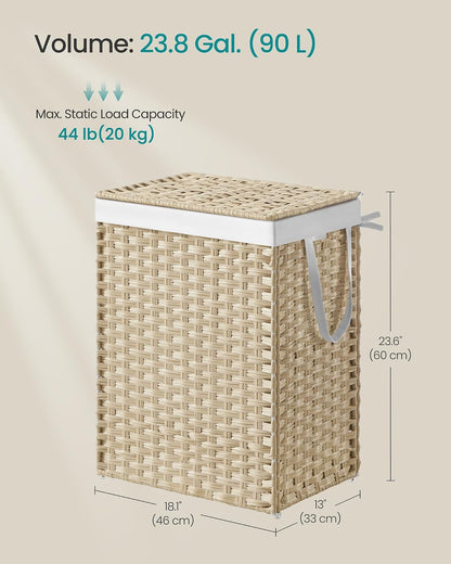 SONGMICS Laundry Hamper with Lid, 23.8 Gallon (90 L) Synthetic Rattan Clothes Laundry Basket with Lid and Handles, Foldable, Removable Liner, Chestnut Brown ULCB051K02
