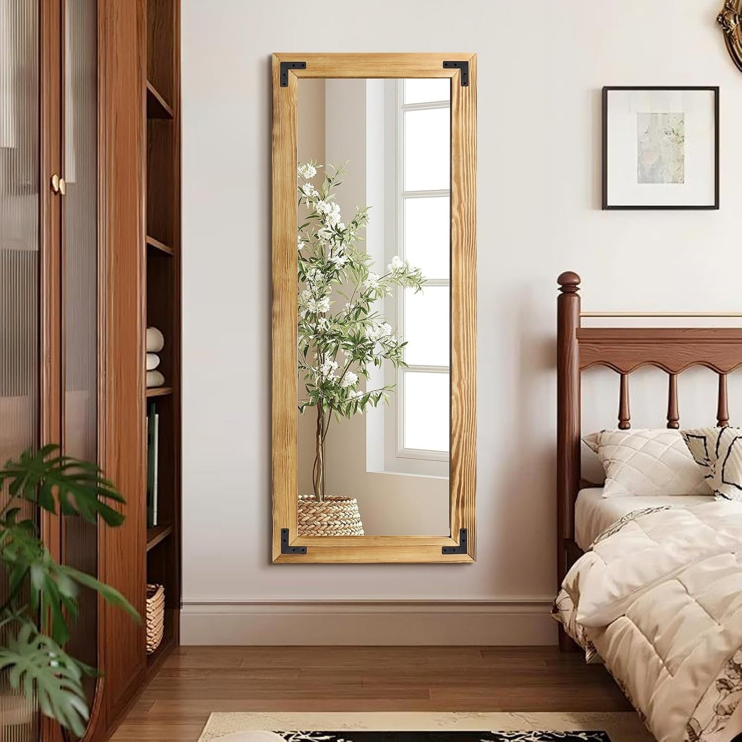 55"x22" Full Length Mirror with Wooden Frame，Natural Wooden Standing Mirror, Solid Wood Frame, Hanging or Leaning Wall-Mounted, Suit for Farmhouse, Living Room, Bedroom (Light Brown)