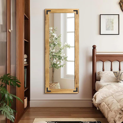55"x22" Full Length Mirror with Wooden Frame，Natural Wooden Standing Mirror, Solid Wood Frame, Hanging or Leaning Wall-Mounted, Suit for Farmhouse, Living Room, Bedroom (Light Brown)