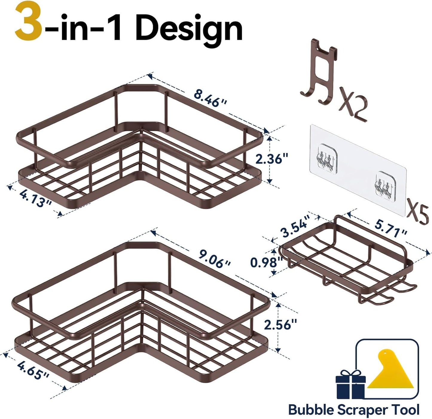 YASONIC Corner Shower Caddy, 5-Pack Adhesive Rustproof Stainless Steel Shower Organizer with Soap Holder, No Drilling Shower Shelf for Inside Shower, Dorm, Renters, Black