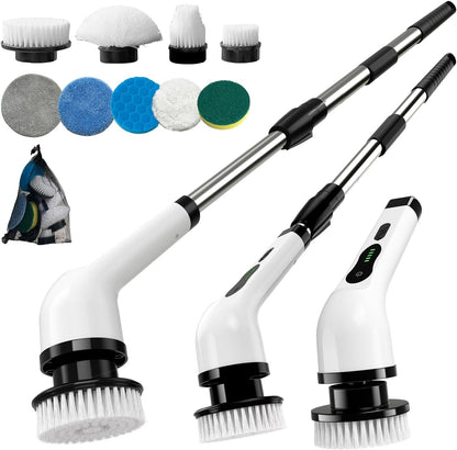 Kingwell Electric Spin Scrubber, Cordless Electric Scrubber for Cleaning with 9 Brush Heads, 2 Speeds,3 Adjustable Handle, 90Mins Work Time, Shower Scrubber for Bathroom, Tub, Floor,White