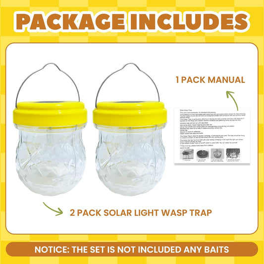 2 Pack Wasp Traps Solar Day & Night Wasps Bee Trap for Outdoor Hanging Outside Yellow Jacket Hornet Wasp Trap Catcher for Yard, Garden, Farm (Bait NOT Included)