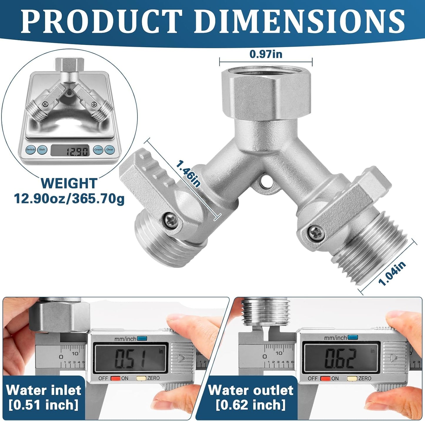 4 Way Garden Hose Splitter, 304 Stainless Steel Outdoor Faucet Splitter with 4 Individual Shut Off Valves, 3/4" GHT High Flow Hose Bib Spigot Connector