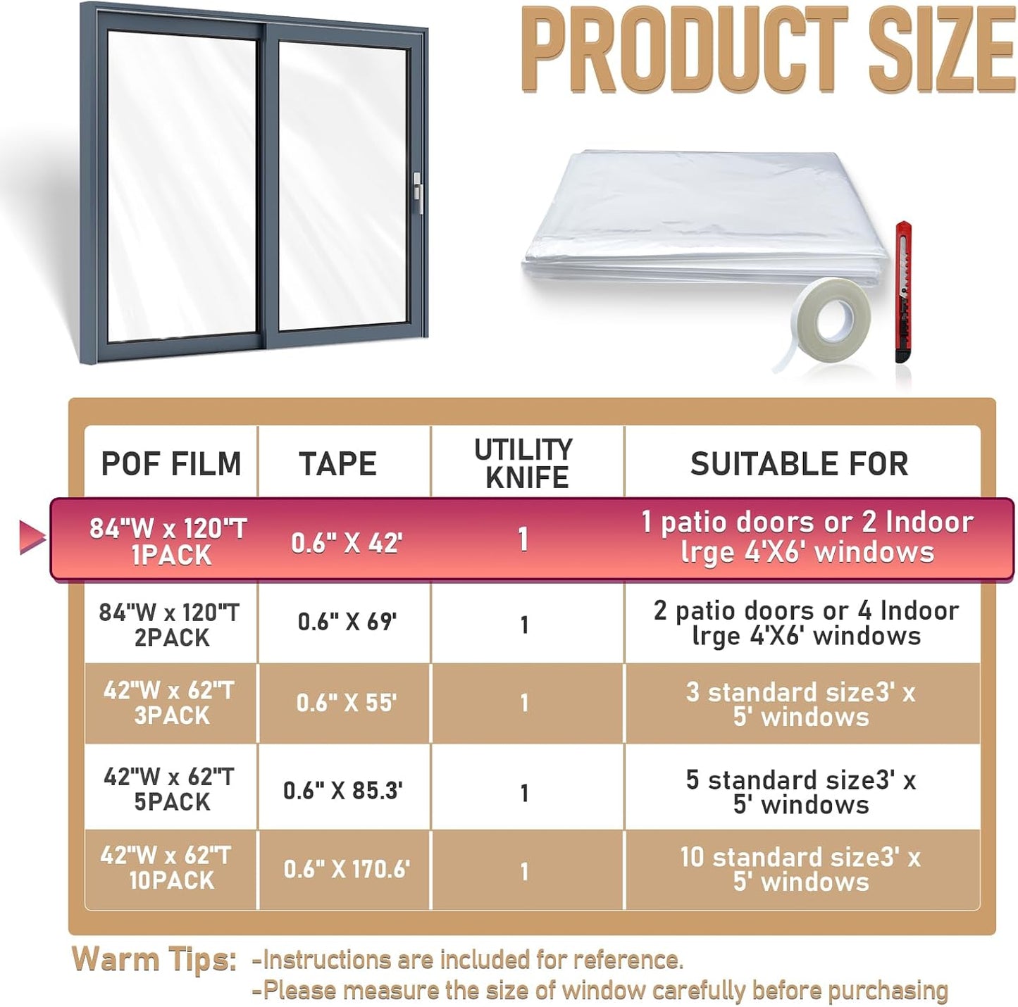 Window Insulation Kit for Winter,Plastic Shrink Film & Strong Tape, Indoor Thermal Seal to Block Drafts, Cold Air for Windows and Patio Doors,5-Pack(42"W x 62"T)