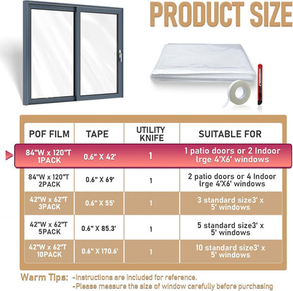 Window Insulation Kit for Winter,Plastic Shrink Film & Strong Tape, Indoor Thermal Seal to Block Drafts, Cold Air for Windows and Patio Doors,5-Pack(42"W x 62"T)