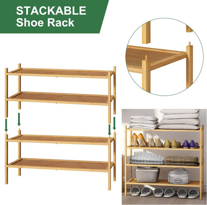 kiplant Small Shoe Rack, 4-Tier Bamboo Wood Shoe Rack for Entryway, Stackable Shoe Organizer for Hallway Closet, Free Standing Shoe Racks for Indoor & Outdoor