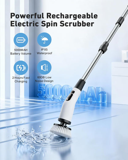 Powerful Electric Spin Scrubber, for Mom, Cordless Cleaning Brush, 90-Min Extended Runtime, Telescopic Long Handle, 8 Replaceable Heads, 2 Speeds for Bathroom, Floor & Glass