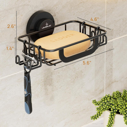 LEVERLOC Soap Dish Holder for Shower Suction Cup Wall Mounted Self Draining NO-Drilling Removable Bar Soap Sponge Holder for Bathroom Bathtub Kitchen Sink Waterproof Strong Vacuum Suction Adhesion