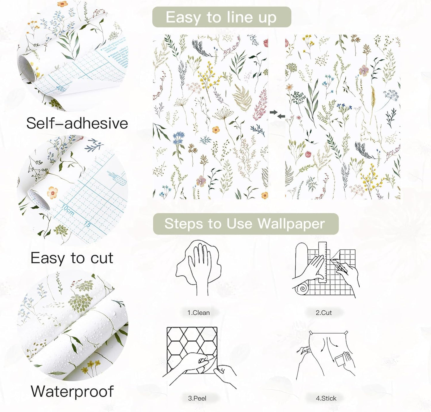 Dimoon 17.3''x78.7'' Vintage Peel and Stick Wallpaper Boho Beige Neutral Contact Paper White Floral Bird Wallpaper Removable Botanical Renter Friendly Modern Wall Paper Bedroom Bathroom Vinyl Roll