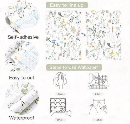 Dimoon 17.3''x78.7'' Vintage Peel and Stick Wallpaper Boho Beige Neutral Contact Paper White Floral Bird Wallpaper Removable Botanical Renter Friendly Modern Wall Paper Bedroom Bathroom Vinyl Roll