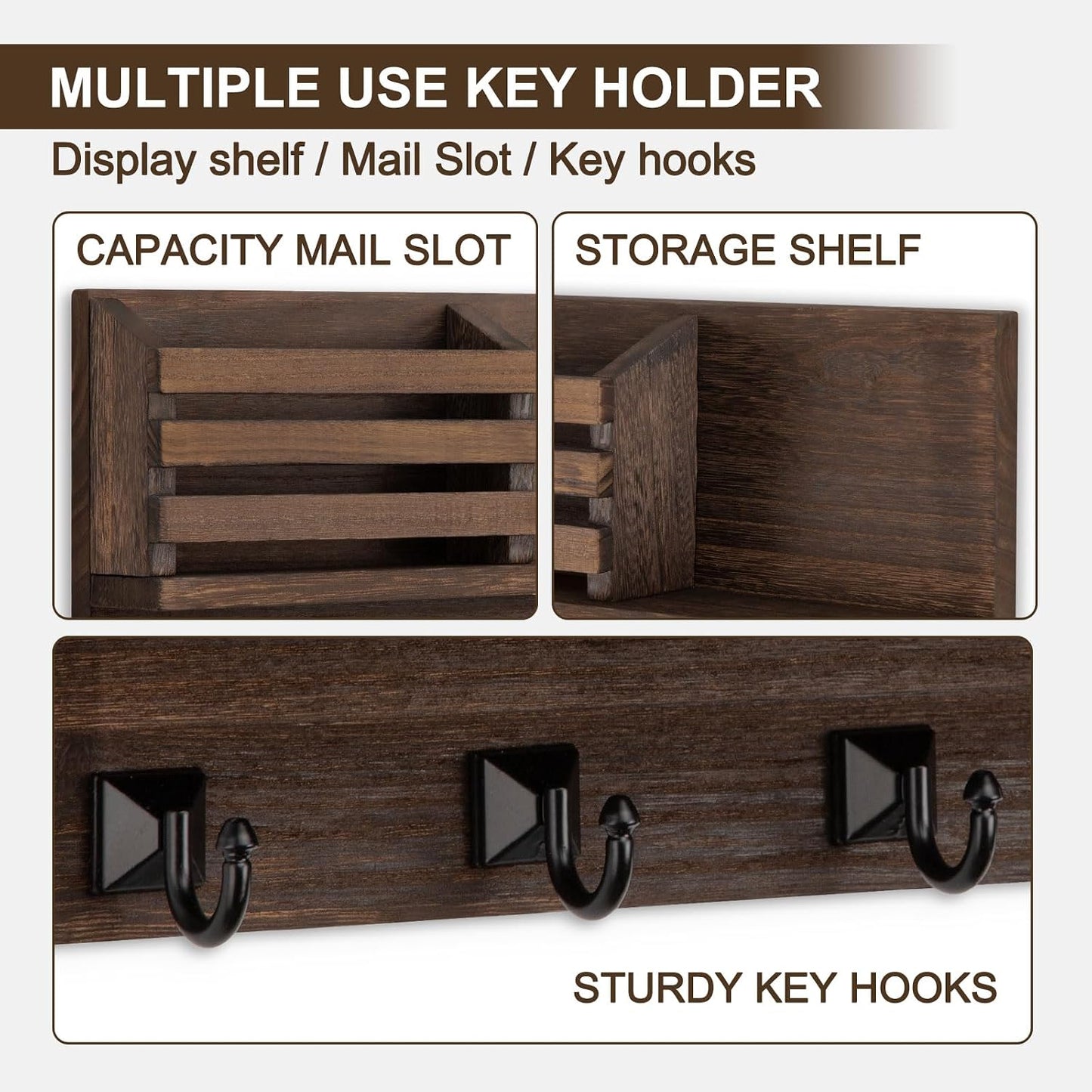 Key Holder Wall Mount, Mail Organizer for Wall with 5 Square Rustic Key Hooks Key Shelf Farmhouse Home Decor for Entryway