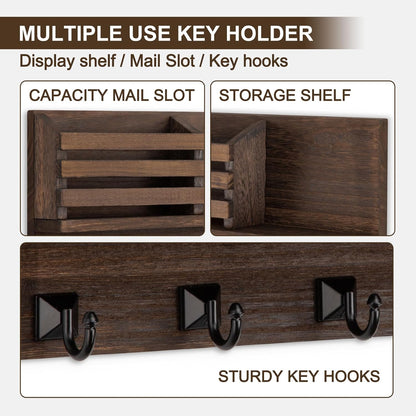 Key Holder Wall Mount, Mail Organizer for Wall with 5 Square Rustic Key Hooks Key Shelf Farmhouse Home Decor for Entryway