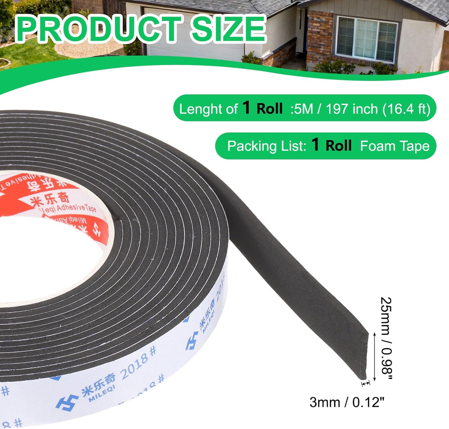 PATIKIL Sponge Rubber Foam Tape, 5/8" W x 1/8" t x 16.4ft l Self-Adhesive Foam Insulation Tape Weather Stripping for Window Door Soundproofing Weatherstrip AC Seal Strip, Black