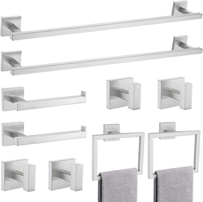 TQKAG Brushed Gold Bathroom Hardware Accessories Set 10 Pieces, 23.6" SUS304 Stainless Steel Towel Bar Set Wall Mounted Includes Single Towel Bar, Towel Ring, Toilet Paper Holder, Double Towel Hooks
