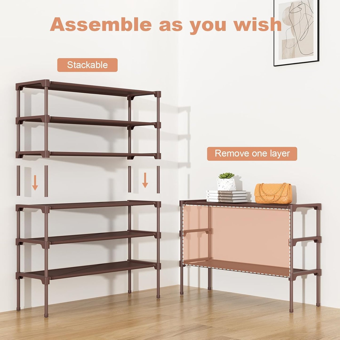 32.3" Widening Design Shoe Rack for Closet 16 Pairs Small Spaces Non-Woven 3 Tier Shoe Organizer Stackable Metal Shoe Shelf for Entryway, Bedroom