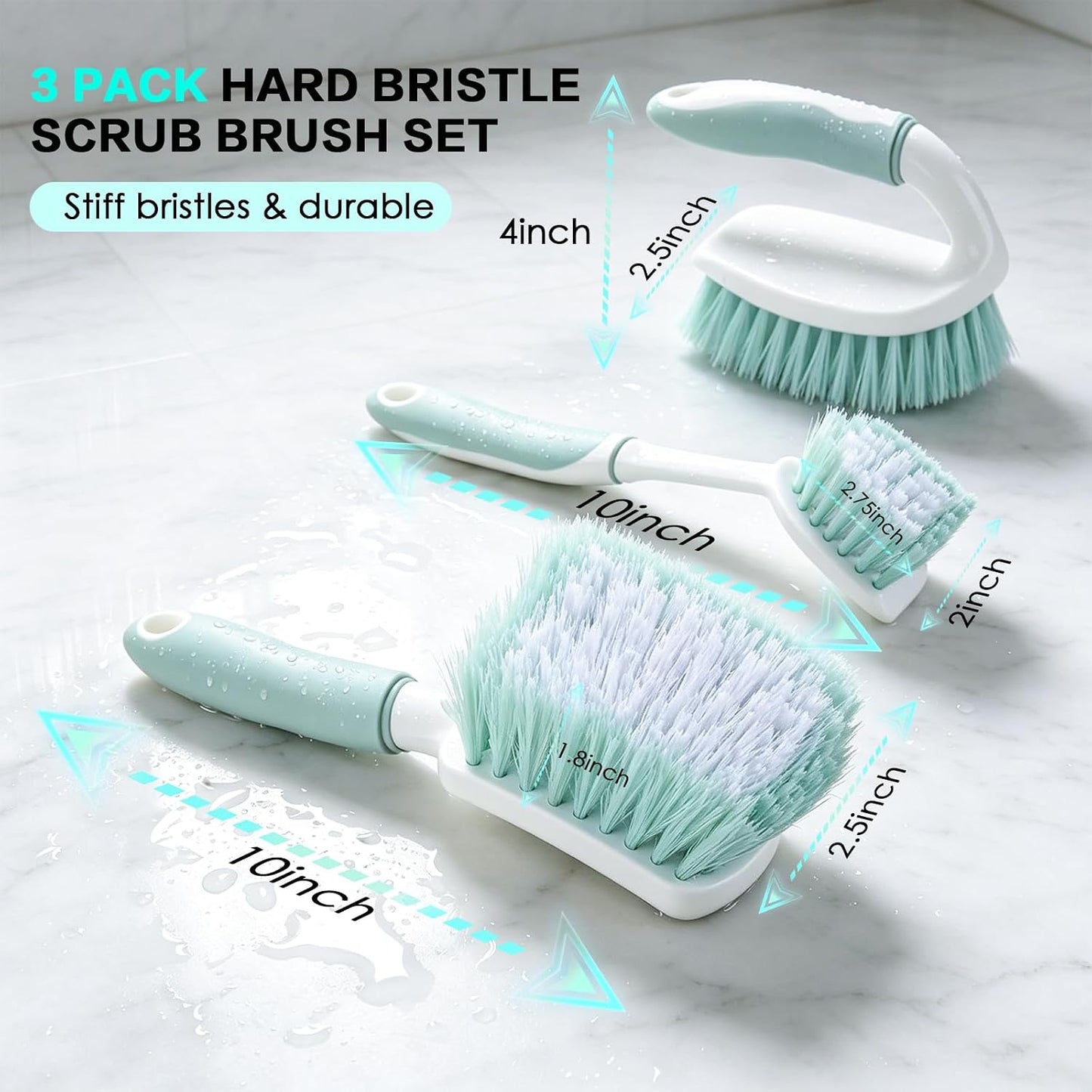 3 Pack Bathroom Scrub Brush Set, Heavy-Duty Scrub Brushes for Cleaning Floor, Green Scrubbing Brush with Non-Slip Handle and Stiff Bristles for Bathtub, Tub, Tile, Gap, Kitchen, Sink