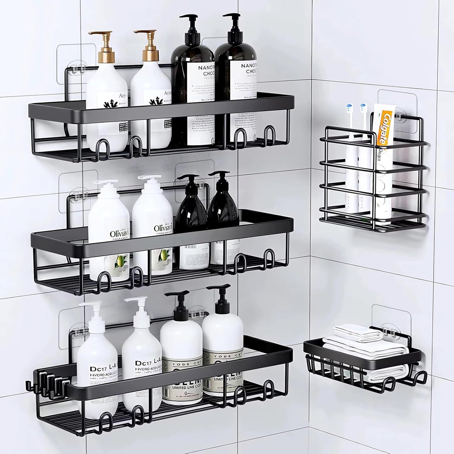 FGSAEOR 14-Pack Shower Caddy Adhesive Single Hooks for Replacement, Shower Holder Organizer Self Adhesive Wall Hooks for Bathroom Corner Shelf Basket Soap Dish