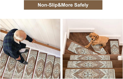 OJIA Non-Slip Carpet Stair Treads for Wooden Steps Set of 15, 30''X8'' Indoor Runner Resistant Rugs Rubber Safety Mats for Dogs, Kids & Elders, Stairway Grip