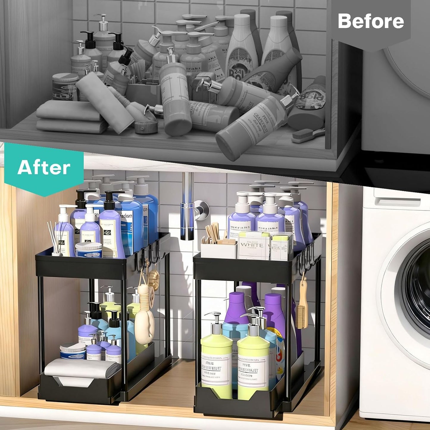 Under Sink Organizers and Storage 2 Pack, Pull-Out Sliding Cabinet Organizer with 2-Tier Storage Shelf & 4 Hooks, Multi-Purpose for Kitchen & Bathroom (13 Inch, White)