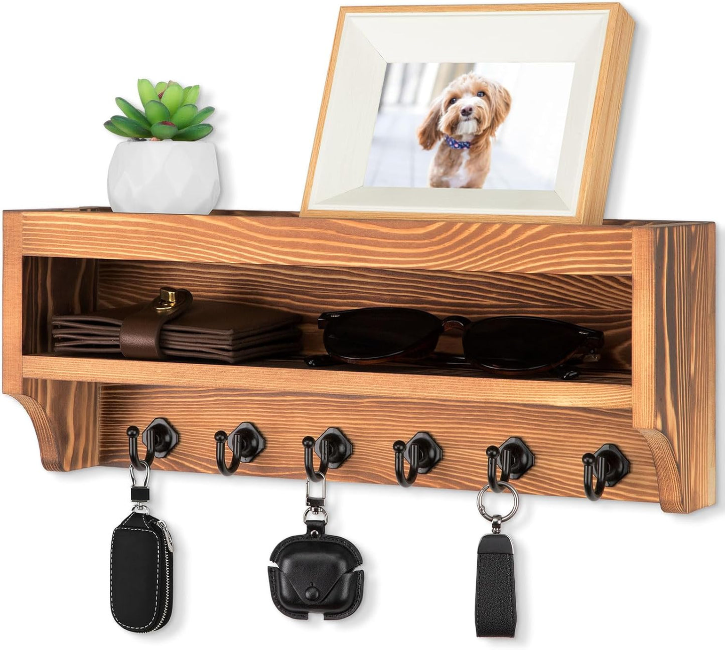 Nekon Key Holder Wall Mount, 12.8" W x 5.6" H x 3.7" D Wall Mounted Key and Mail Organizer with 6 Key Hooks, Key Racks for Home Entryway Decor (White)