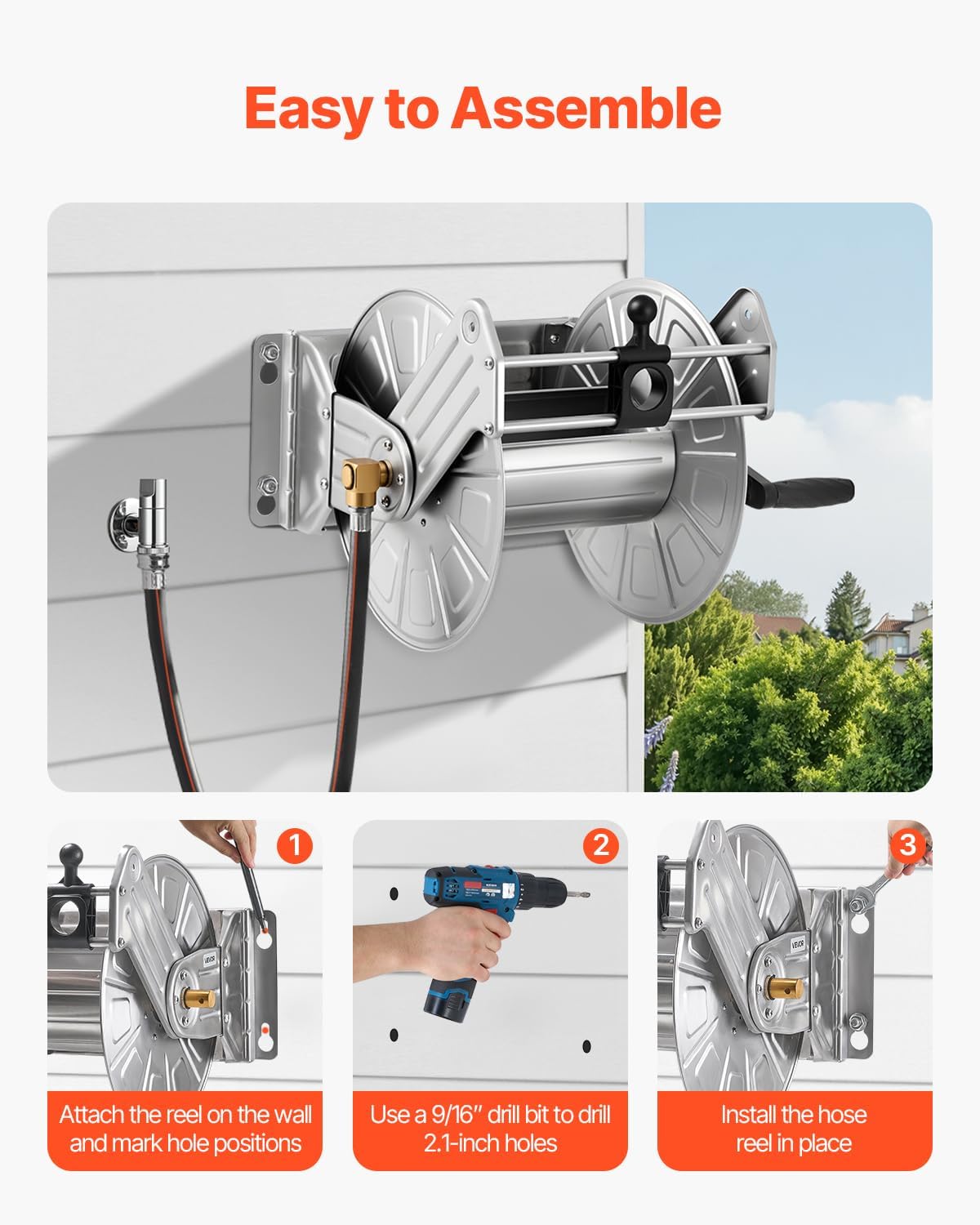 VEVOR Wall Mounted Garden Hose Reel, Holds 125 ft 5/8-inch Hose, Heavy-Duty Water Hose Winder, Space-Saving Design, Outdoor Manual Reel with Brass Fitting and Storage Basket for Yard Lawn