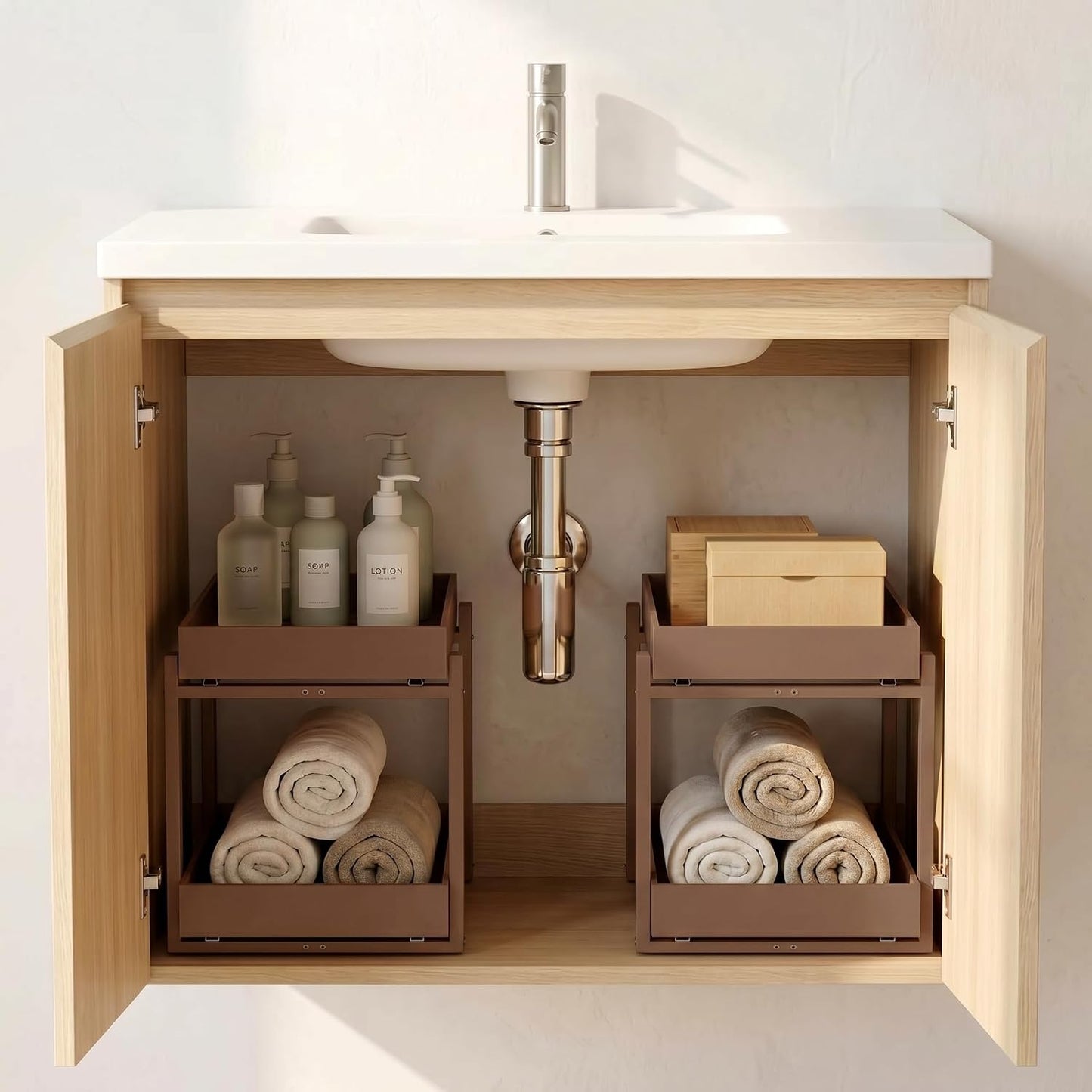 Bamboo Under Sink Organizer Adjustable Height 2 Tier Bathroom Organizer Pull Out Cabinet Storage Kitchen Heave Duty Wood Slide Ou Shelf for Kitchen Bathroom (Black, 2 Packs) (Black, 2 Pack)