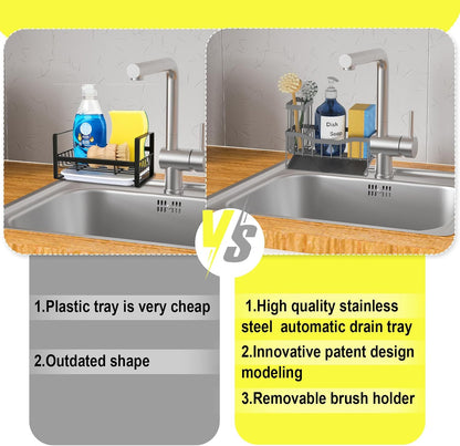 Maifan Sink Caddy Sponge Holder for Kitchen with Brush Holder and Stainless Steel Self Drain Tray, Rustproof Kitchen Sink Organizer for Sponge, Soap Dispenser Storage Accessories (Lacquer Silver)