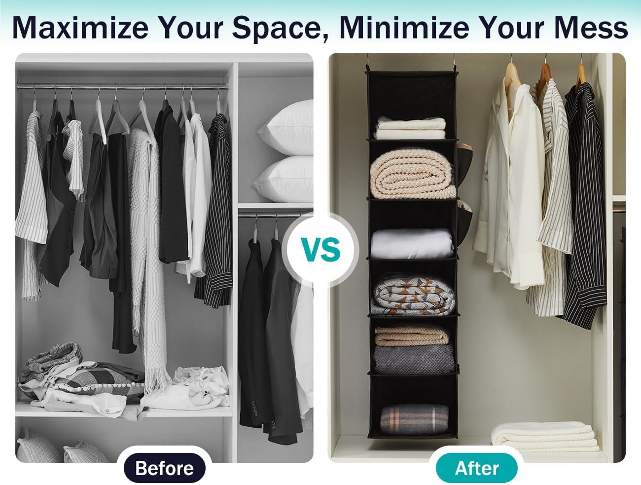 YOUDENOVA Hanging Closet Organizer, 6-Shelf Closet Hanging Storage Shelves, 2 Packs, Grey