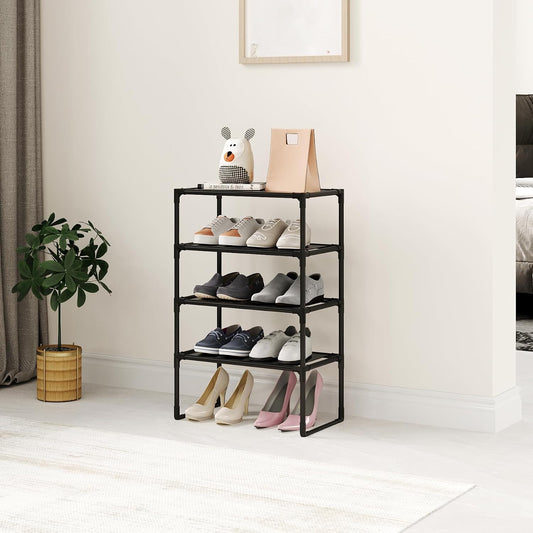 5-Tier Small Shoe Rack for Closet and Entryway, Narrow Shoe Shelf Organizer,Stackble Shoe Stand,Non-Woven Fabric Metal Free Standing Shoe Racks (White, 18" W x 9.9" D x 28.6" H)