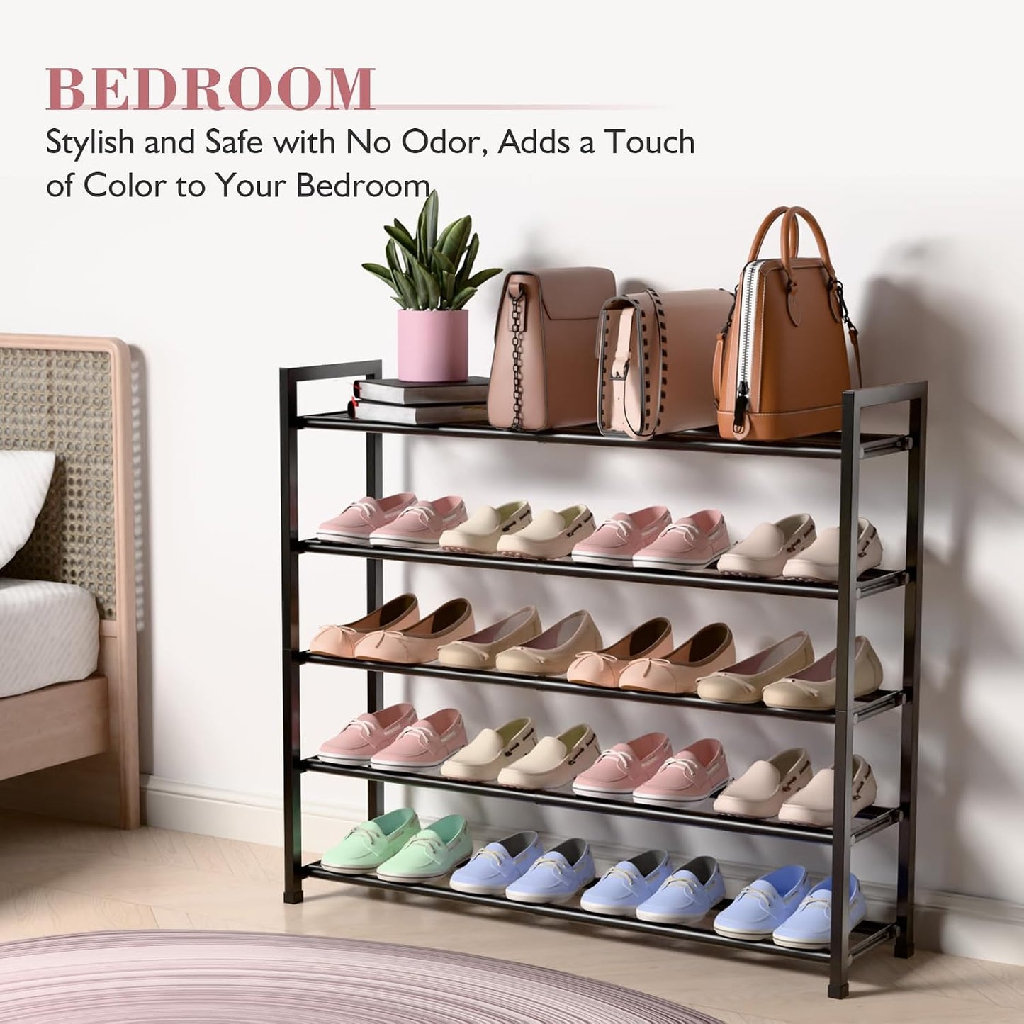 Bumusty 3-Tier Expandable Shoe Rack for Closet, 18“-33” Adjustable Shoe Rack for Small Space, Small Shoe Organizer for Front Door, Sturdy Metal, Black