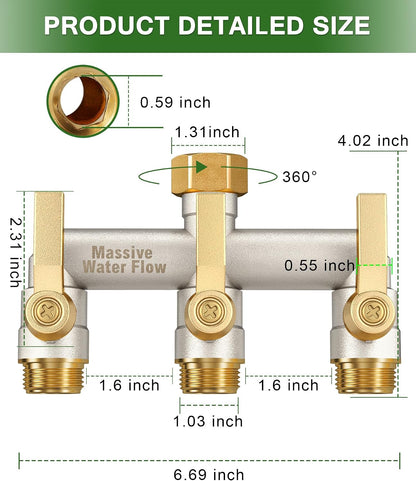 Hose Splitter 2 Way Heavy Duty, Solid Brass Full Flow Outdoor Faucet and Garden Hose Splitters, Water Spigot Splitter T Adapter, All Metal Water Connector with Shut-Off Valve, 3/4 - Inch GHT Thread