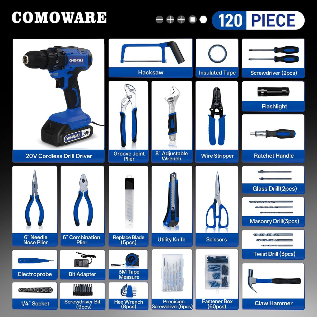 COMOWARE Household Tool Set with 20V Cordless Drill Driver, 120Pcs Hand Tool Kit for Men, Power Drill Set with Plastic Toolbox, Ideal for Office, Garden, DIY Project