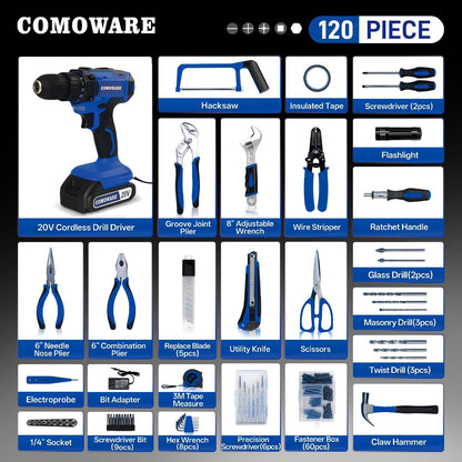 COMOWARE Household Tool Set with 20V Cordless Drill Driver, 120Pcs Hand Tool Kit for Men, Power Drill Set with Plastic Toolbox, Ideal for Office, Garden, DIY Project