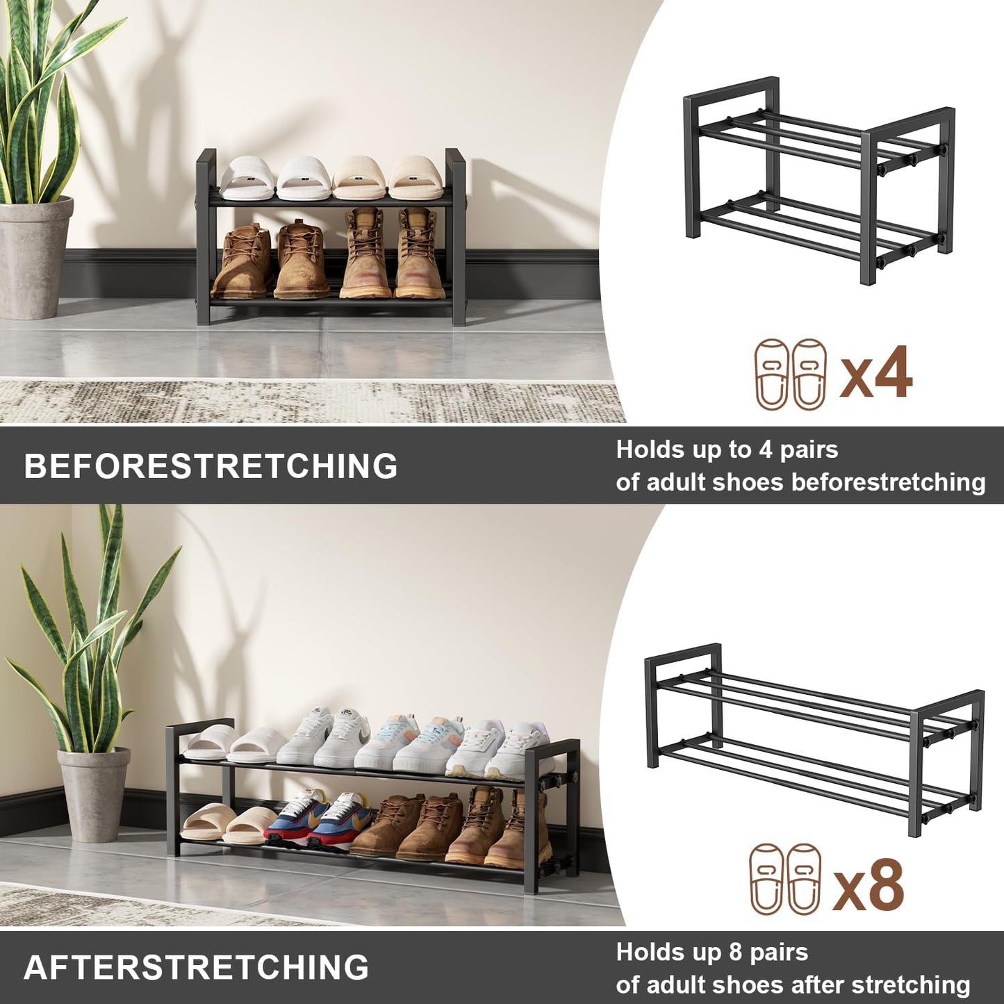 2 Tier Shoe Rack - Expandable Shoe Organizer for Closet, Adjustable Metal Shoe Shelf Storage, Stackable Long Shoe Stand Holder for Garage, Entryway, Door Entrance
