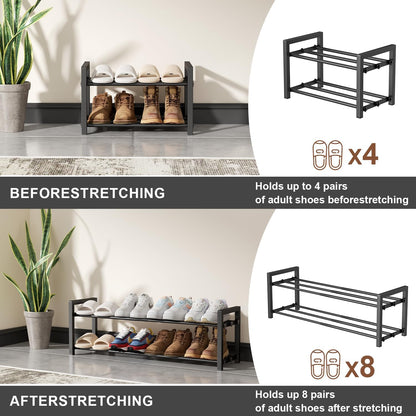 2 Tier Shoe Rack - Expandable Shoe Organizer for Closet, Adjustable Metal Shoe Shelf Storage, Stackable Long Shoe Stand Holder for Garage, Entryway, Door Entrance