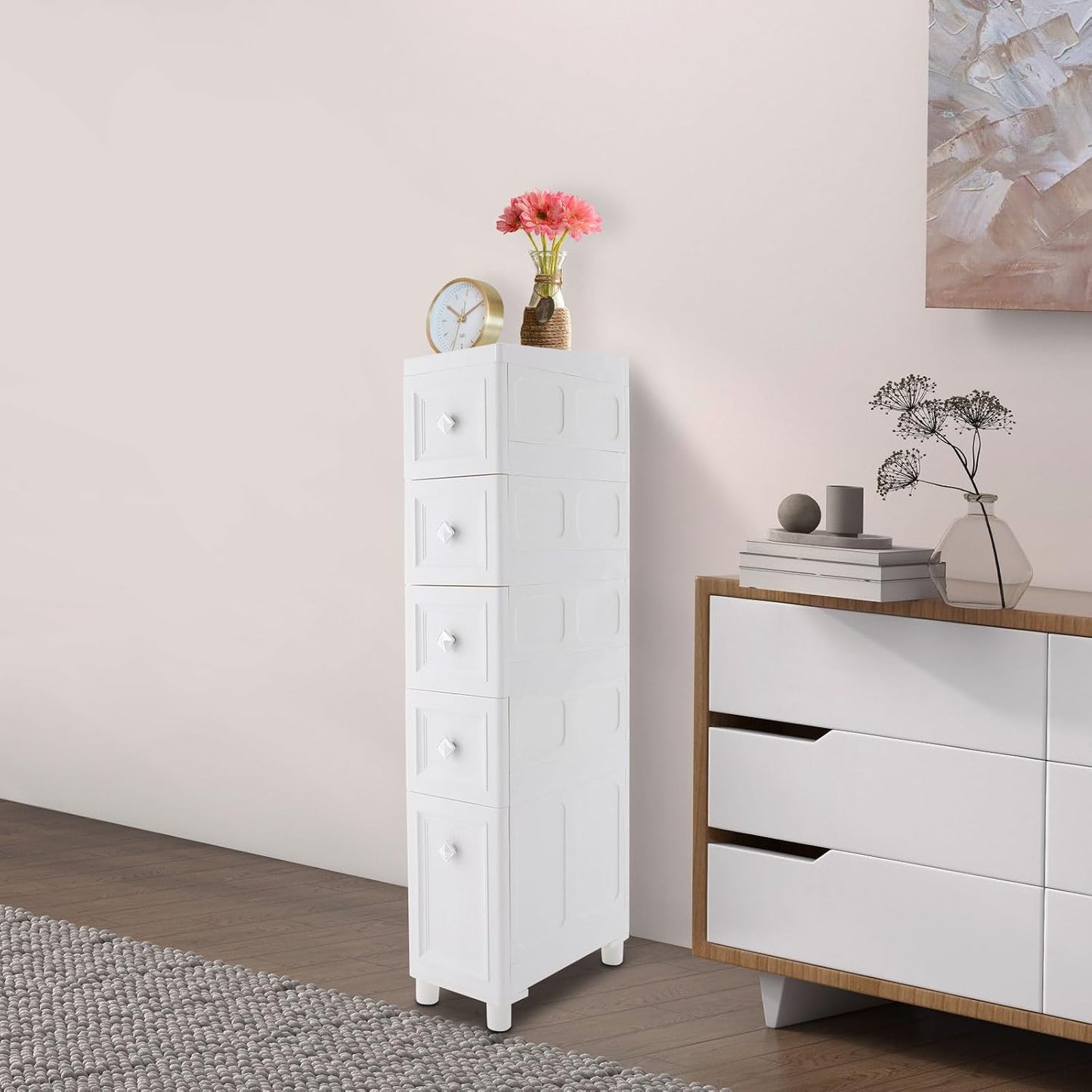 Slim Bathroom Storage Cabinet Freestanding Narrow Plastic Rolling Cart Bathroom Organizer with Drawers for Small Space Office, White (4-Tier)