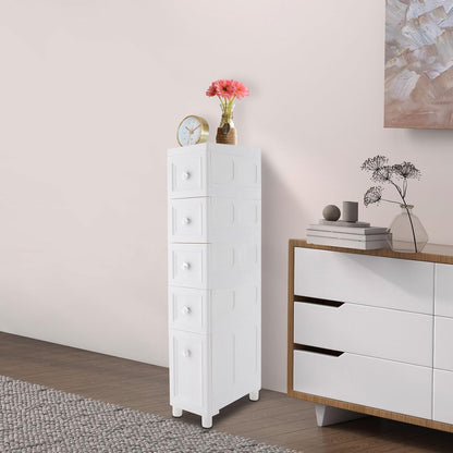 Slim Bathroom Storage Cabinet Freestanding Narrow Plastic Rolling Cart Bathroom Organizer with Drawers for Small Space Office, White (4-Tier)