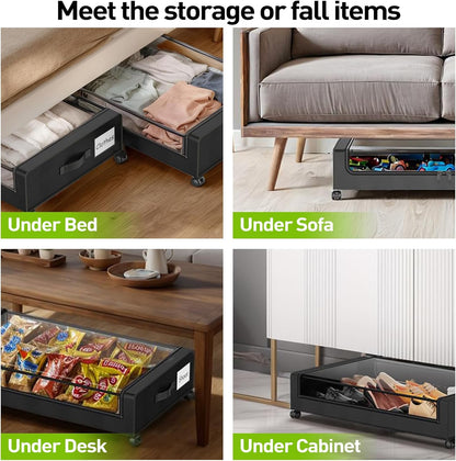 APSARAS USA Under Bed Storage with Wheels, Underbed Storage with Wheels and Clear Window, Rolling Drawers & Bins for Shoes Clothes in Dorm Bedroom, Easy Pull-out Black 2-Pack- Space-Saving