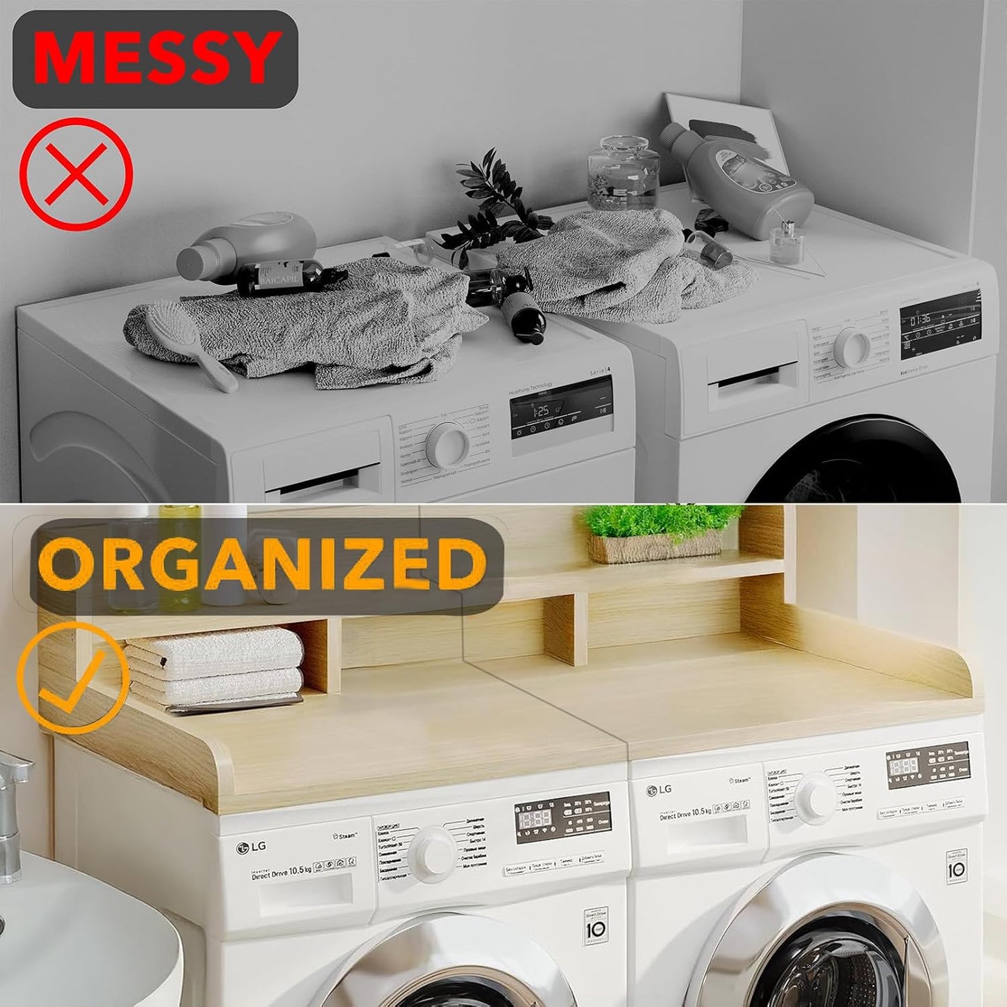 54" X 27.5" Washer and Dryer Countertop, Adjustable Laundry Countertop with Shelf, Extra Dividers, Folding Clothes Station, Over Machine Storage for Detergents & Essentials (Natural)