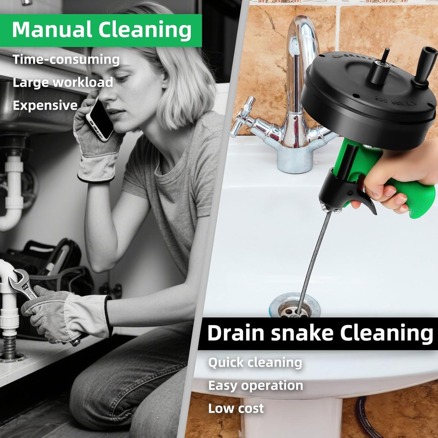 50 Ft Drain Snake, Fast Unclog Snake, Manual & Electric Plumbing Snaker for Shower Sink, Toilet and Kitchen, Drain Auger 50 ft Comes with Gloves and Bag, 1/4 Inch, Green