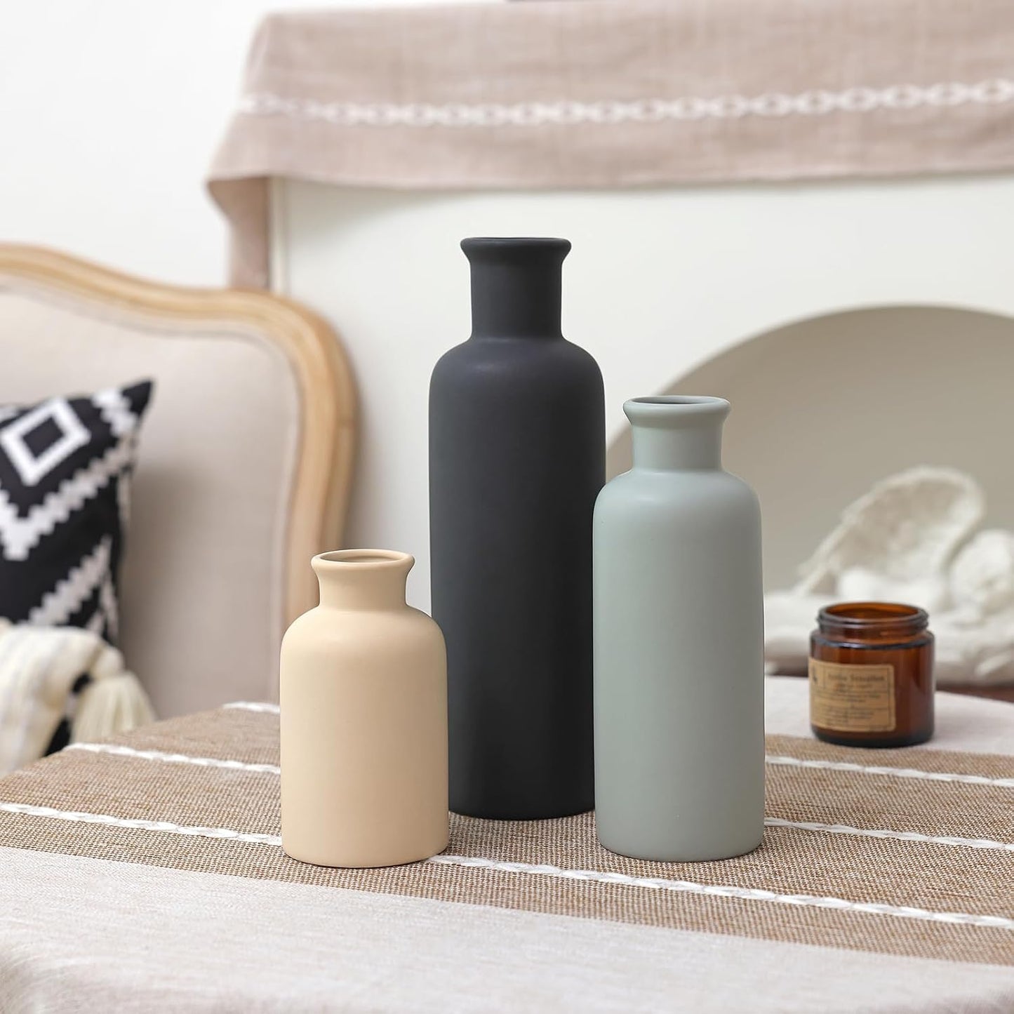 CUCUMI Ceramic Vase Set of 5, Home Decor Farmhouse Décor Handmade Pottery Vases for Pampas Grass, Dried Fresh Flowers, Table, Living Room, Kitchen, Shelf, Entryway Mantel Neutral Tones